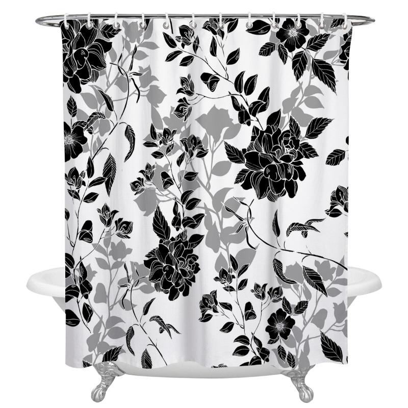 

Shower Curtains Black And White Flowers Bathroom Curtain Polyester Fabric Waterproof With Hooks