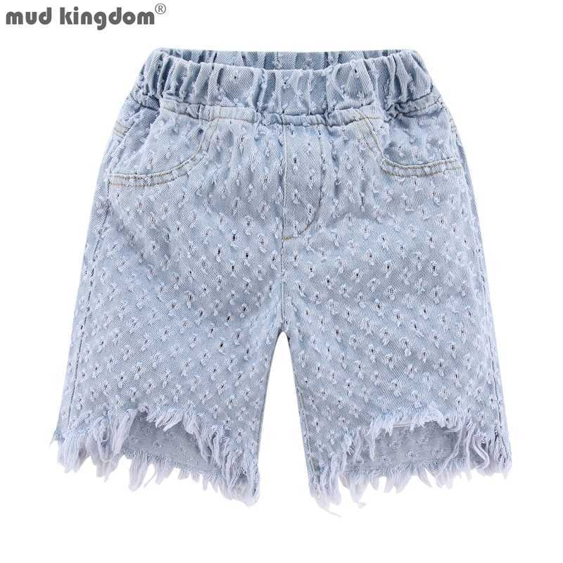 

Mudkingdom Eyelet Bermuda Jean Shorts for Girls Trousers Kids Denim Pants Girl Fashion High-Waist Jeans Children Summer Clothes 210615, Blue