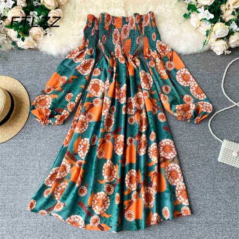 

Women Bohemian Dress Vestido Spring Autumn Long Sleeve Sexy Off Shoulder Vintage es Ladies Floral Print Midi 210525, Green