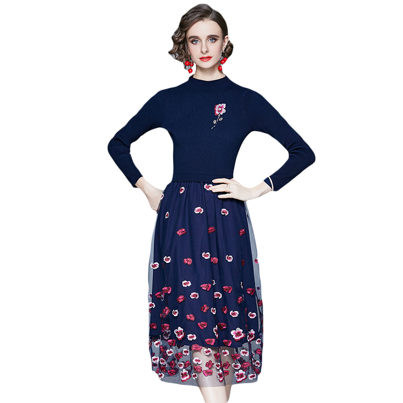 

Fashion Designer Women Elegant Embroidery Mesh Dress Woman Cocktail Party Robe Female Knitted A-Line Casual Dresses Vestidos 210525, Navy blue