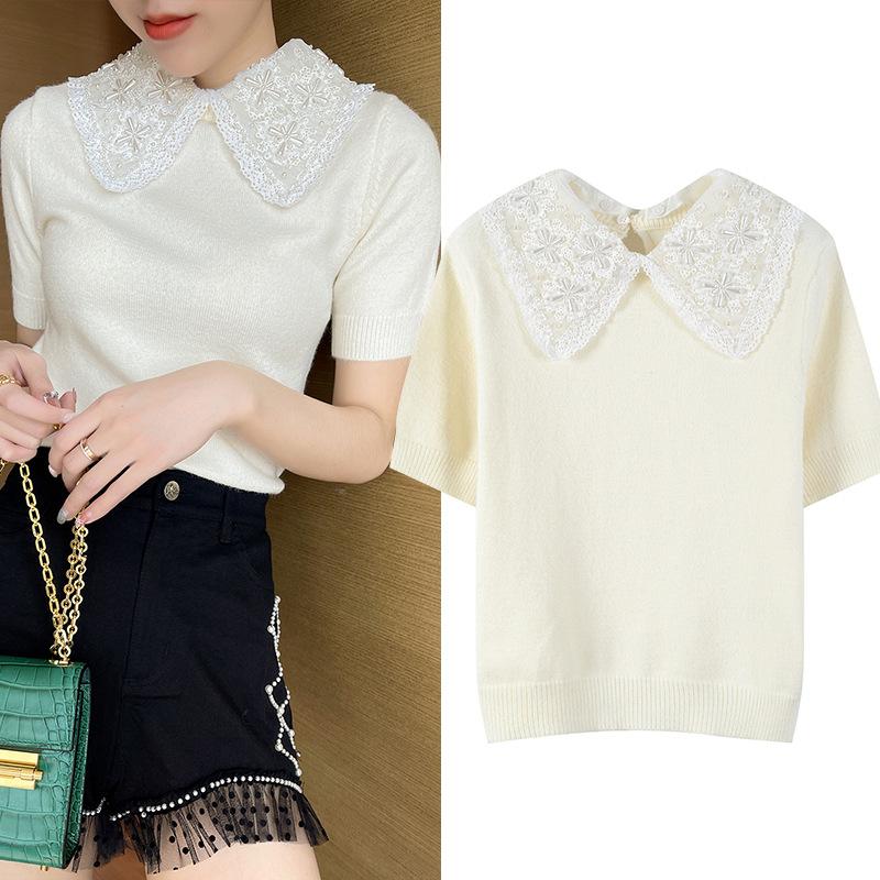 

Women' Sweaters Brand Runway Winter Luxury Top White Beaded Girly Knit Sweater Pullover Lace Laple Elegant Slim Clothes 2021, As pic