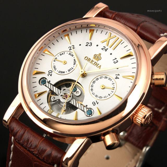 

Tourbillon Wrap Rose Gold Case Leather Strap Mechanical Male Wristwatch Reloj Masculino Wristwatches, Black