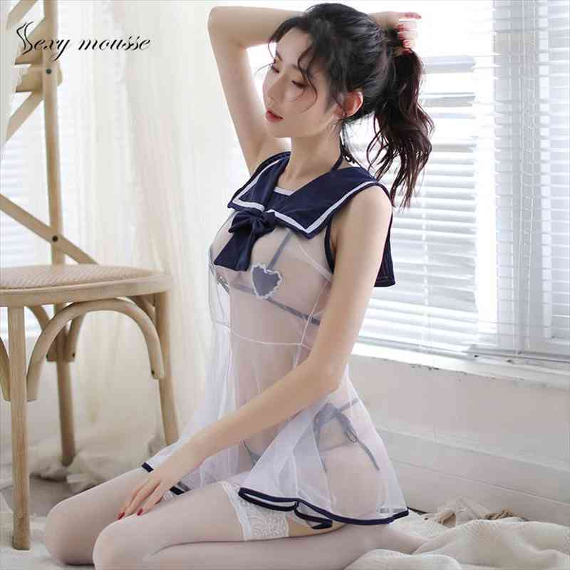 

Sexy Mousse Underwear Mesh Perspective Cute Sister Student Chest X-ray Removable Uniform Temptation Passion Pajama Thong Suit, Black;red