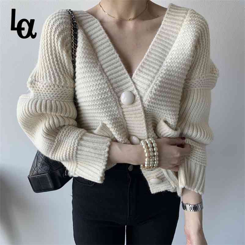 

Autumn Winter V-neck Women Sweater Cardigans Elegant Solid Single-breasted Thicken Warm Loose Female Knitwear 210519, Blue