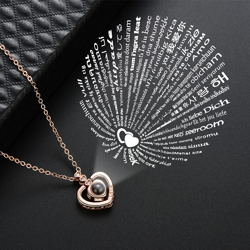 

100 languages I love you Necklace women Copper Heart Pendant necklaces Memory Projection neck chains fashion jewelry 829 Q2, Silver