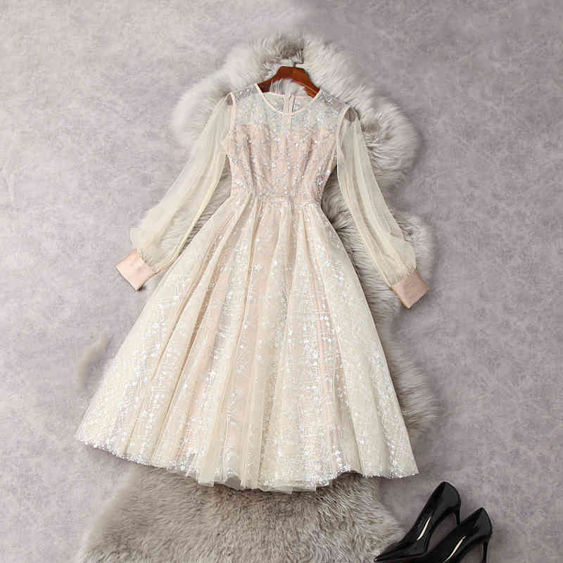 

HIGH STREET est Designer Dresses Women's Sparkling Sequined Lantern Sleeve Slim Mesh Dress 210521, Blue