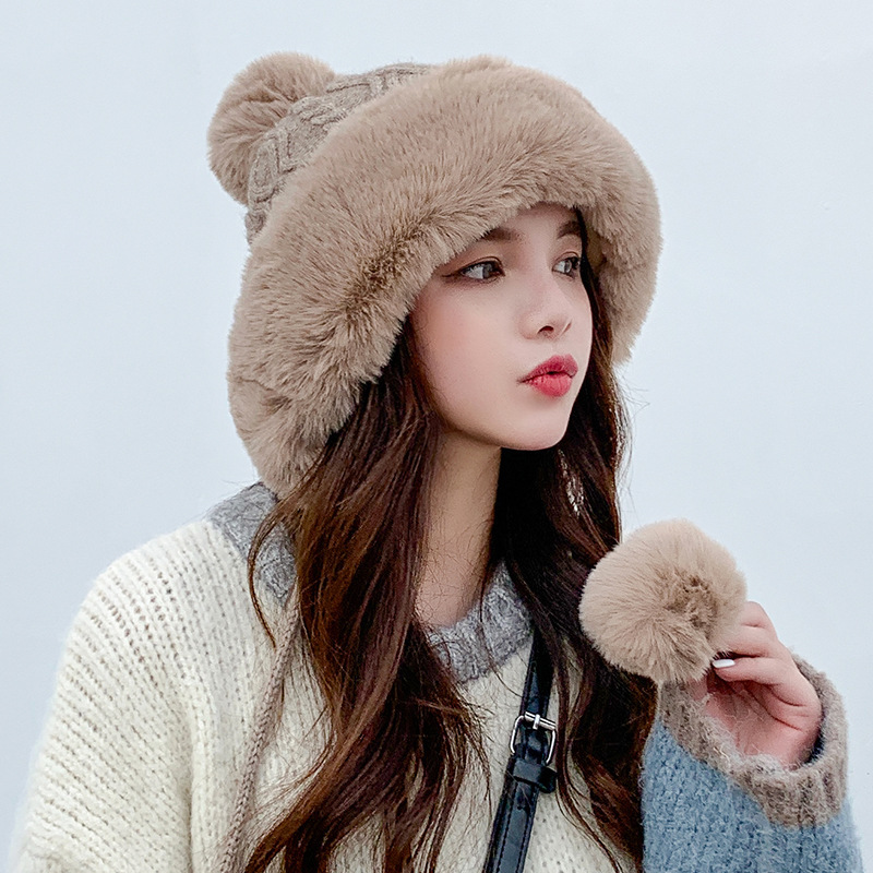 

Autumn Winter Women's Hat Big Hair Ball Woolen Yarn Outdoor Warm Knit Hats Solid Color Plus Velvet Thicken Cashmere Ladies Cap