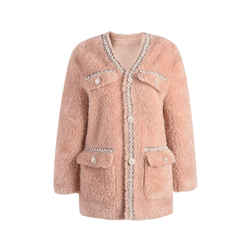 

Women's Jackets High Quality Winter Fashion Elegant Jacket Top Pink Midi Lamb Furgrass and Wool Coat Sheep Sheared Particle Plush Clothes NFIY, Beige