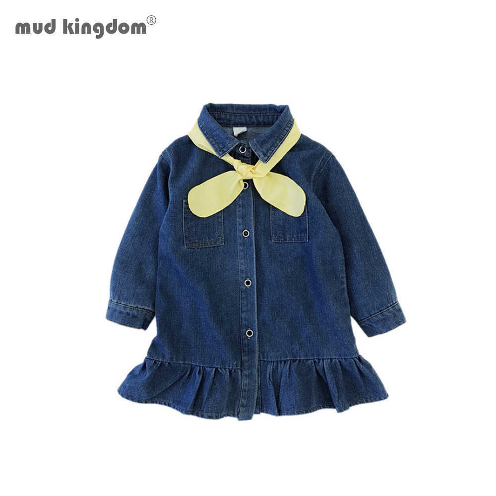 

Mudkingdom Girls Denim Dress Toddler Kids Baby Long Sleeve with Yellow Tie Children Clothes 210615, Blue