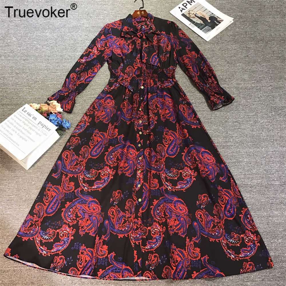 

Truevoker Ladies' Full Sleeve Bow Collar Vintage Totem Print Spring Runway Maxi Long Dresses Resort Beach Dress 210602, Brown