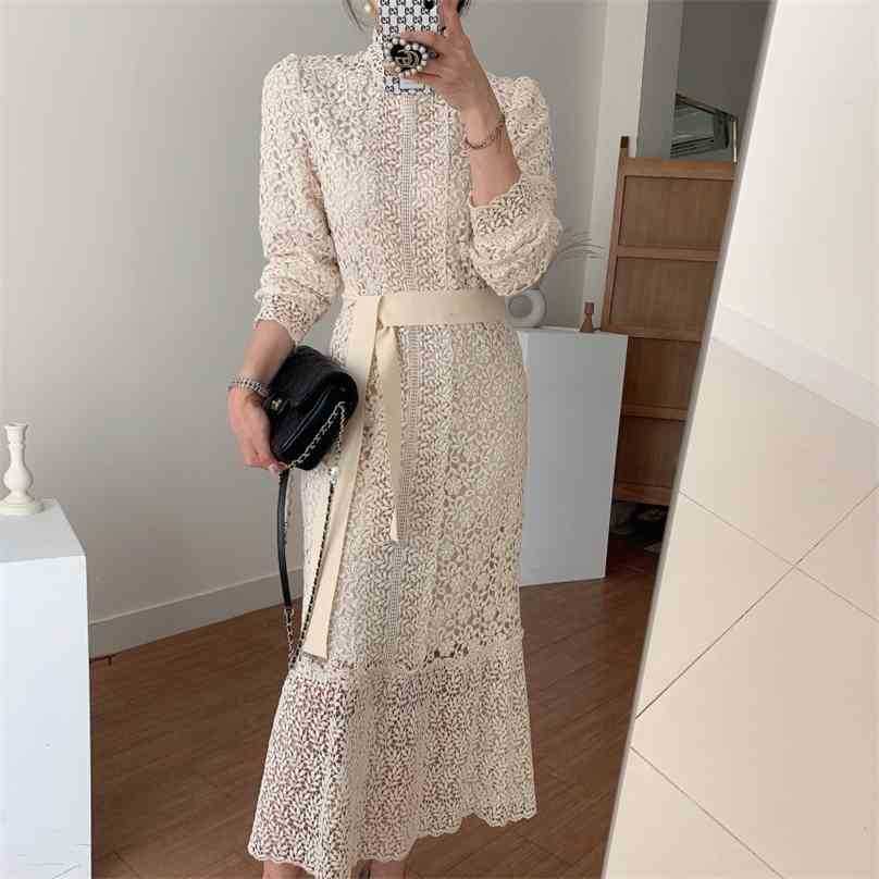 

Streetwear Vintage Lace Hook Flowers Slim Sexy All Match Femme OL A-line Sweet Long Dresses Vestidos 210525, Black