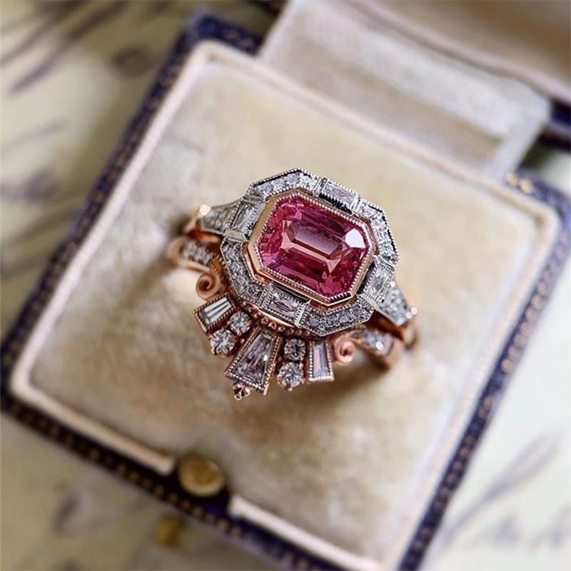 

Cluster Rings Huitan Unique Design 2Pcs Set For Women Luxury Inlaid Red/White Cubic Zirconia Romantic Female Wedding Party Jewelry, Golden;silver