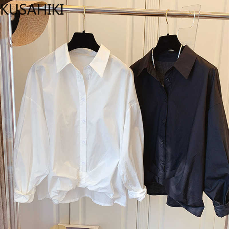 

Korean Pleated Irregular Blouse Tops Causal Long Sleve Turn-down Collar Blusas Femme Spring Women Shirts 6G212 210603, Black