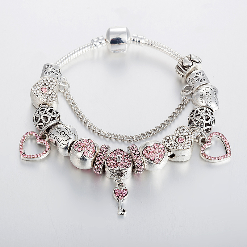 

High quality Strands bracelet with English lettering beaded DIY alloy heart set diamond key pendant