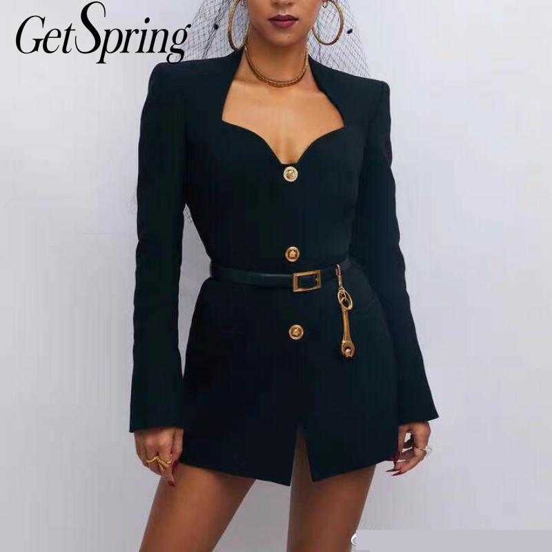 

GetSpring Women Blazer Single Breasted Long Sleeve Ladies Black Coat Belt Women's Slim Suit Jacket 210601