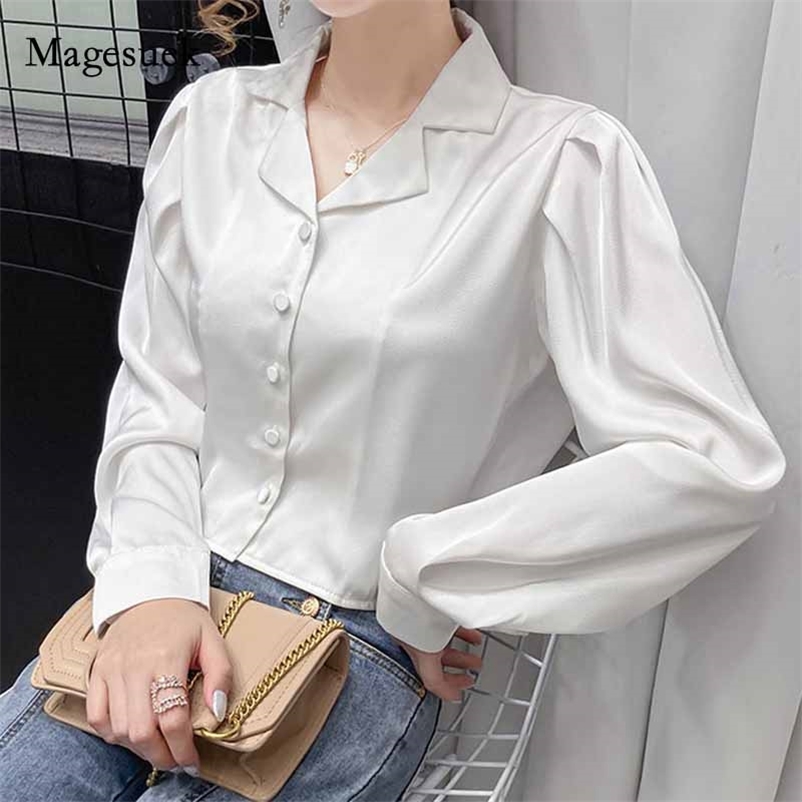 

Office Lady Suit Collar Spring Autumn Silk Womens Tops and Blouses Solid White Long Sleeve Shirt Women Satin 10984 210518