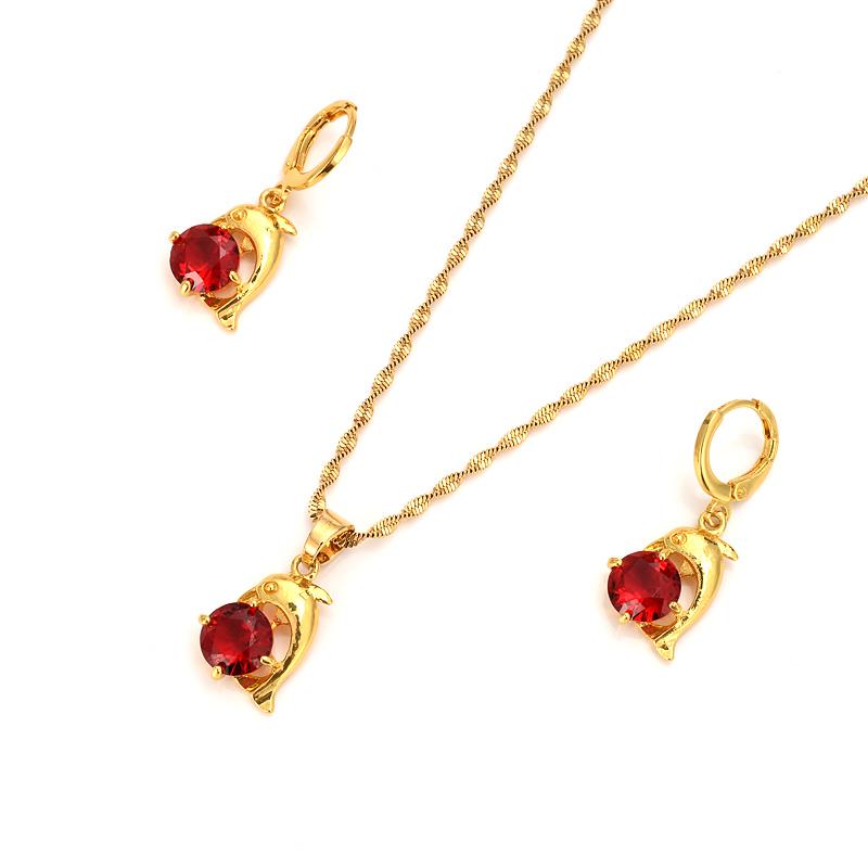 

Earrings & Necklace Gold Color Cz Red Stone Cute Dolphin Pendant Necklaces And For Women/Girls,Papua Guinea Jewelry Wedding Party Gifts, Silver