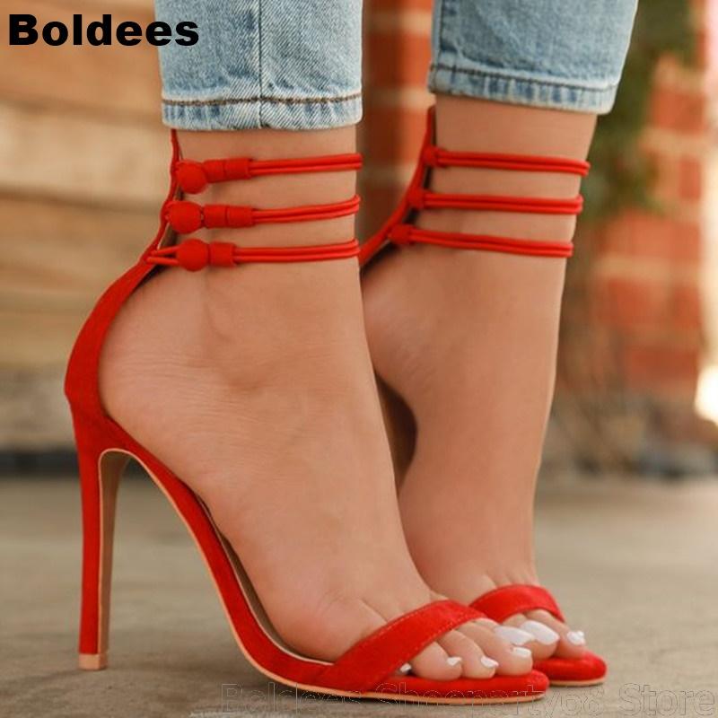 

Button Ankle Wrap Designer Womens High Heel Sandals Summer Thin Heels Party Open Toe Dress Shoes Nude Red, As pic