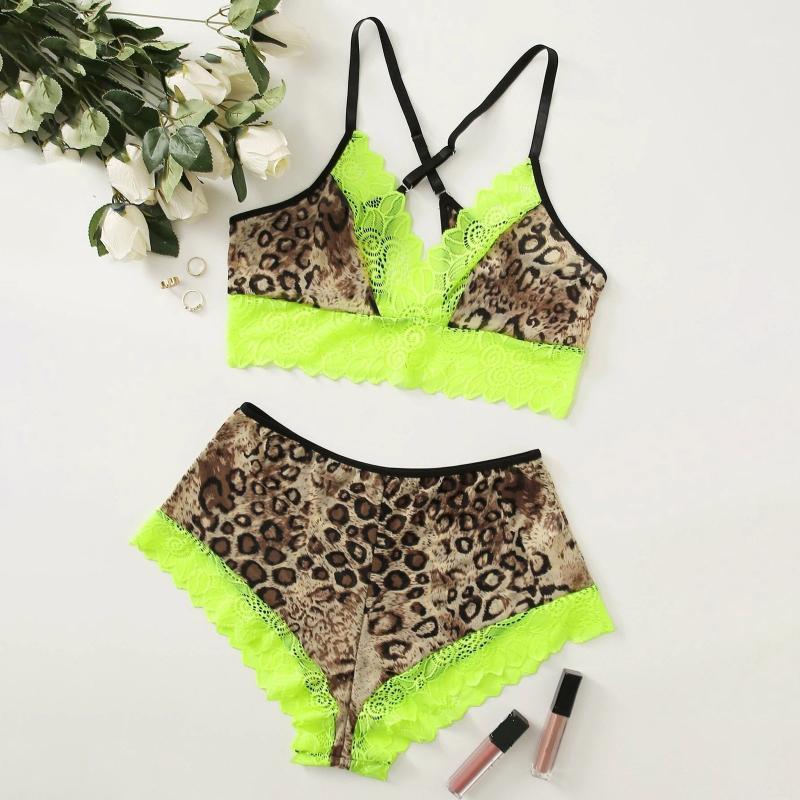 

Women Sexy Lace Leopard Print Bra With Thong Sleepwear Lingerie Set S-L Babydoll Nightwear Satin Spaghetti Strap Top Femme Bras Sets, Green