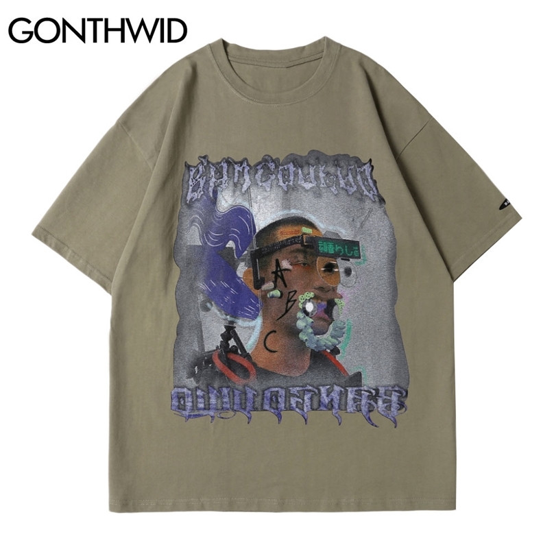 

T-Shirts Streetwear Hip Hop Men Gothic Punk Rock Robots Human Print Short Sleeve Tees Harajuku Cotton Casual Loose Tops 210602, Army green