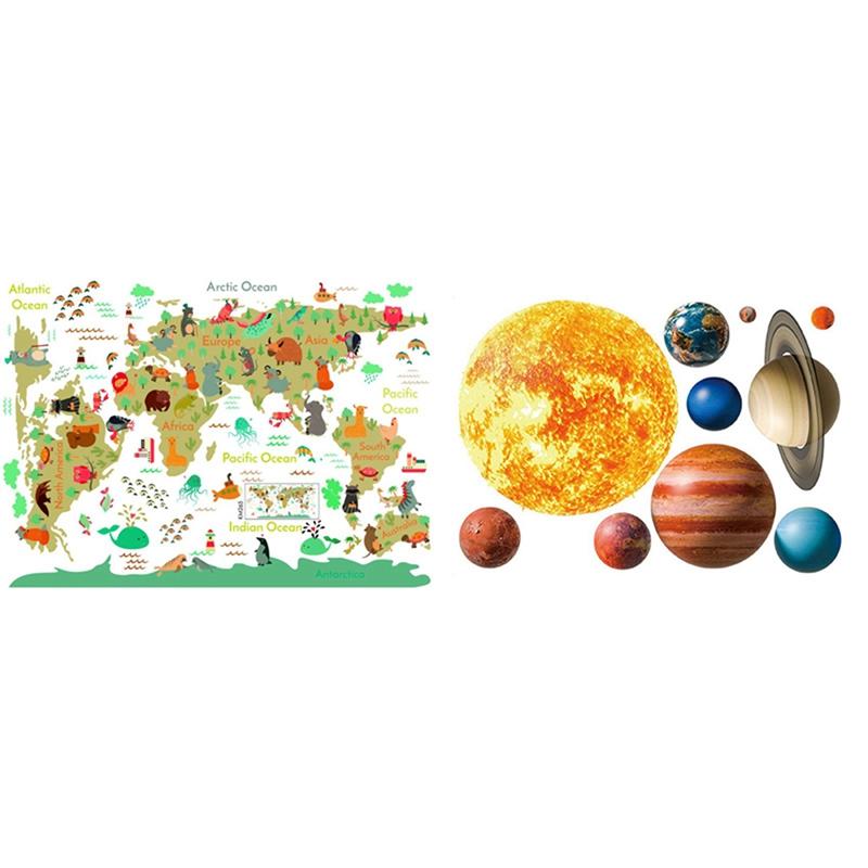 

Wall Stickers 2PCS Cartoon Animals DIY Wallpaper With Solar System Planet