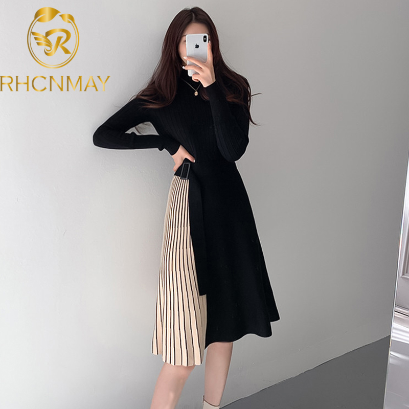 

women sweater dress long sleeve crew neck elegant knitted dress 2021 autumn winter casual slim splicing knitting dressswimwear bathing suits, Black;gray