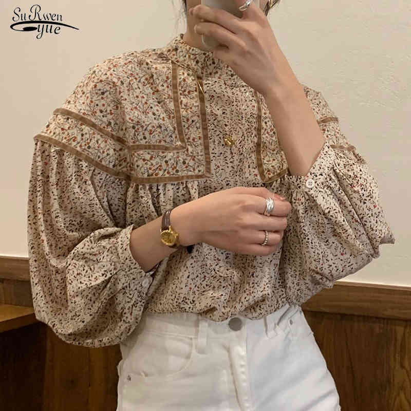 

Stand Collar Stitching Contrast Loose Lantern Sleeve Blouse Korean Chic Retro Floral Doll Shirt Top Chemisier Femme 12453 210521, Black