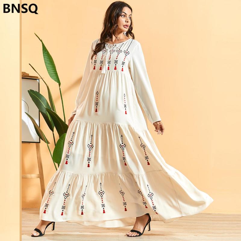

Casual Dresses Plus Size Embroidery Plait Arab Muslim Robe Women Print Party Dress Bohemian Gown Maxi Female Fashion Vestidos, Beige