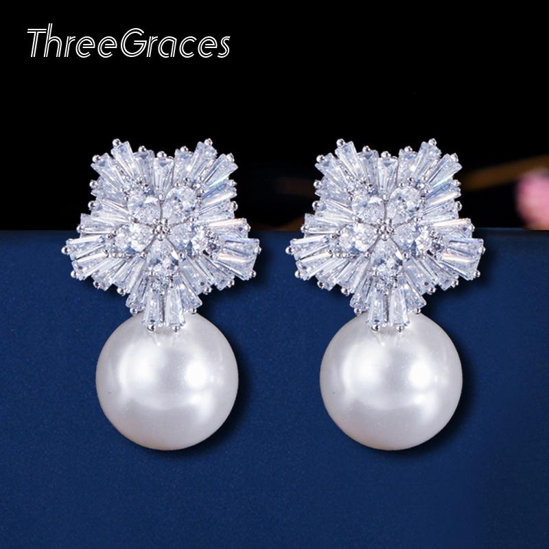 

Stud ThreeGraces Famous Designer Jewelry Sparkling Snow Flower Cubic Zirconia Crystal Setting Big Pearl Earrings For Women E0006, Golden;silver