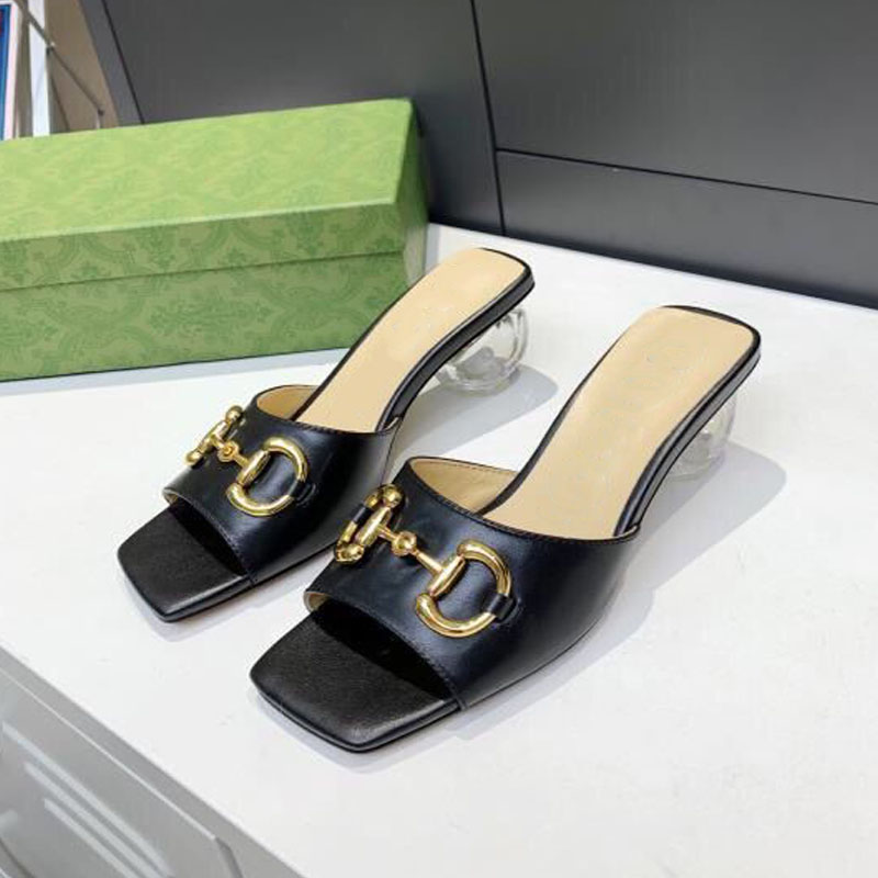 

Summer women's sandals comfortable and beautiful outdoor designer slippers fashionable metal buckle transparent heel leather office work shoes, Black