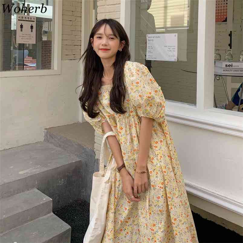 

Floral Printed Women Long Dress short puff Sleeve Square Collar loose Dresses Korean Elegant Vintage Female Vestido 210519, Green