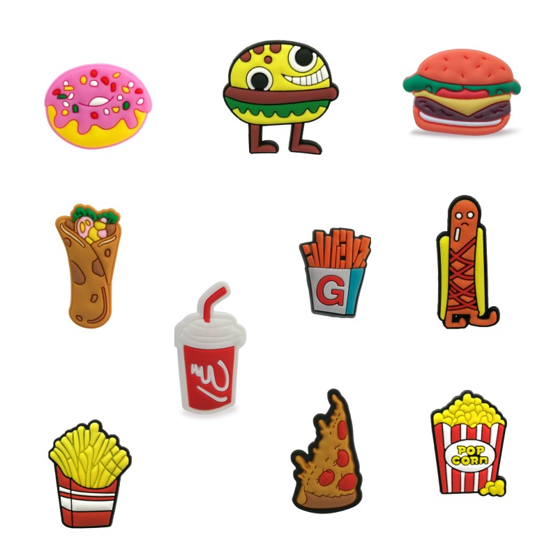 

100pcs/lot fast food pvc shoe charms shoecharm buckles fashion accessories soft rubber jibitz for croc shoes Mixed 10 Designs, White;pink