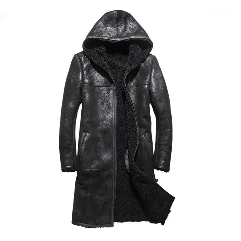 

Men's Leather & Faux Genuine Sheepskin Jacket Winter Sheep Shearling Coat Men Original Windbreaker Natural Fur Wp17a452 KJ1413, Black