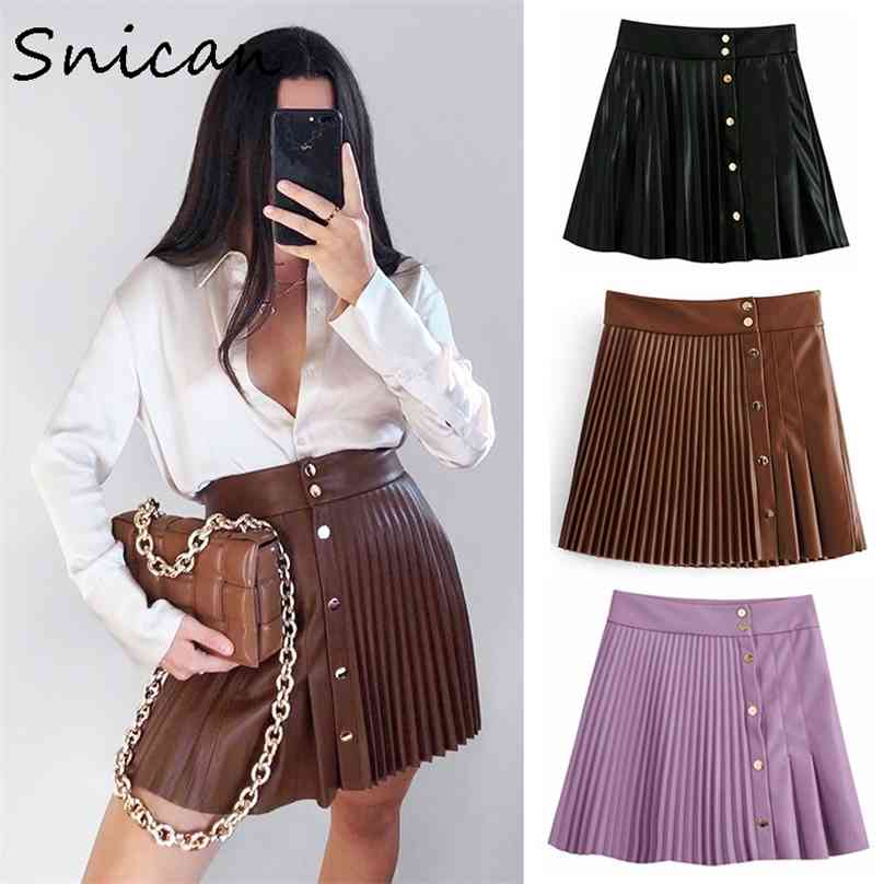 

snican solid pu leather skirt high waist buttons sexy mini pleated Asymmetrical fashion faldas cortas za women autumn 210629, Purple