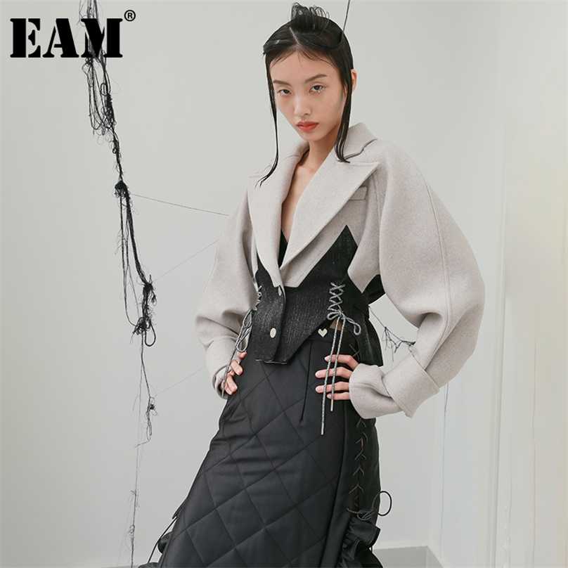 

[EAM] Loose Fit Contrast Color Bandage Short Woolen Coat Parkas Long Sleeve Women Fashion Autumn Winter 1DD2169 211019, Apricot