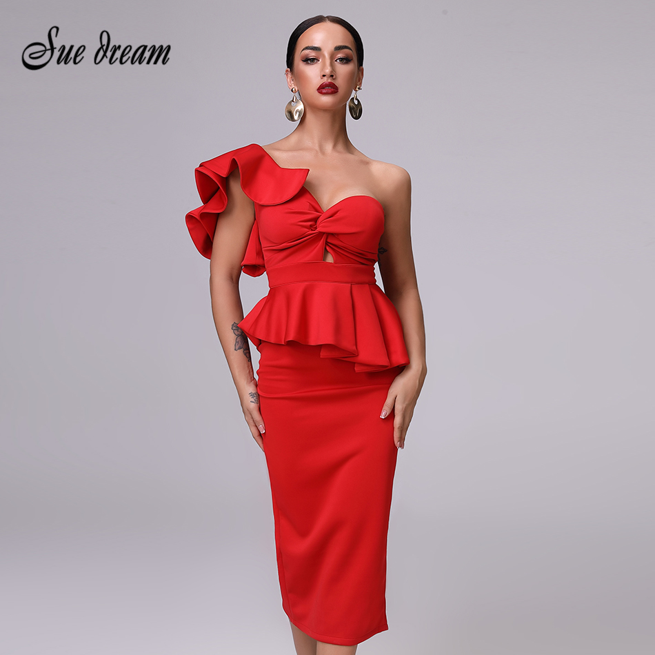 

Summer Party Dress One Shoulder Ruffle Women Sexy Flounce Midi es Elegant Empire Club Bodycon 210519, Brown