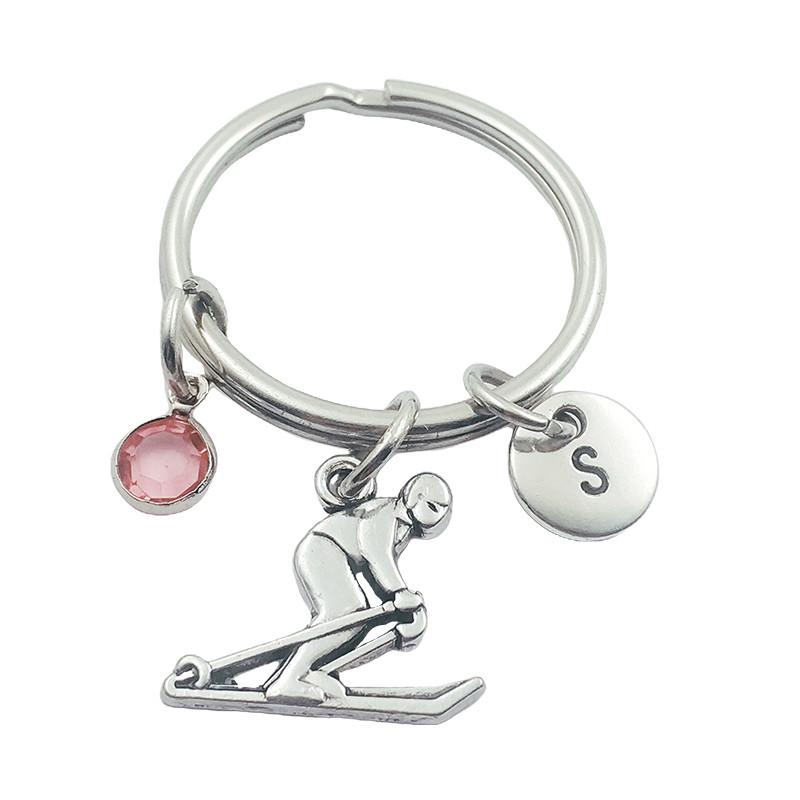 

Keychains Skiing Sport Initial Letter Birthstone Keyring Creative Fashion Jewelry Women Gifts Accessories Pendant
