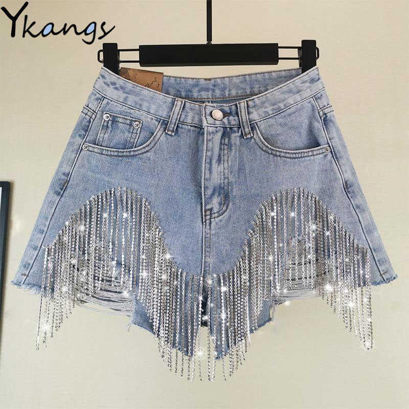 

Women luxurious Tassel Fringed Hole Jeans Shorts Female High Waist Summer Fashion Designer Wide Leg Denim Shorts 210611