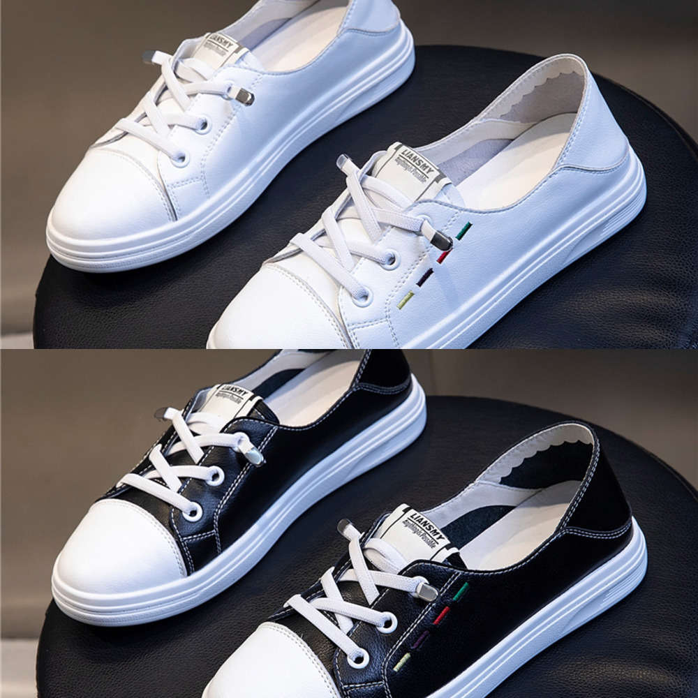 

Casual shoes Leather women's shoes spring and summer 2021 new sports breathable flat bottom casual single shallow mouth versatile small DD1K, Black