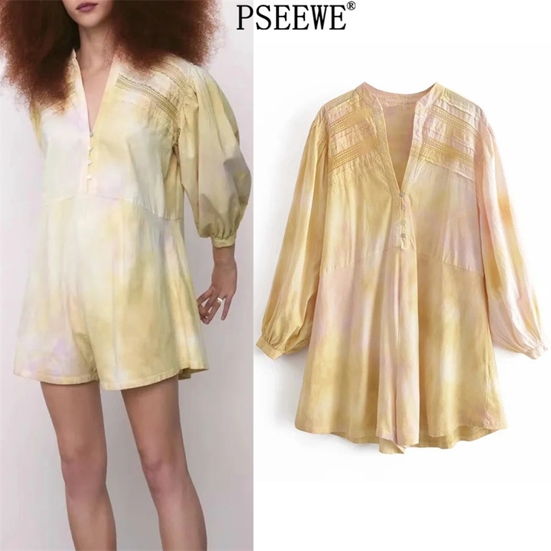 

Tie Dye Short Jumpsuit Woman Summer Casual Cut Out V Neck Puff Long Sleeve Female Jumpsuit Overalls Combishort 210519, Yellow
