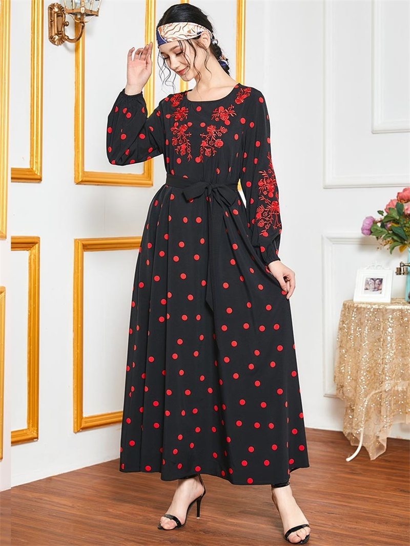 

fashion turkey arabic Dress Polka Dot Print Floral Embroidery Maxi Dresses Loose Muslim islamic Clothes Fall moroccan kaftan