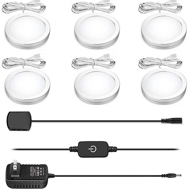 

6pack(10*2W) LED Puck Light With Touch Dimmer Silver Color Ultra Thin Under Cabinet Lights For Kitchen, Shelf, Cupboard