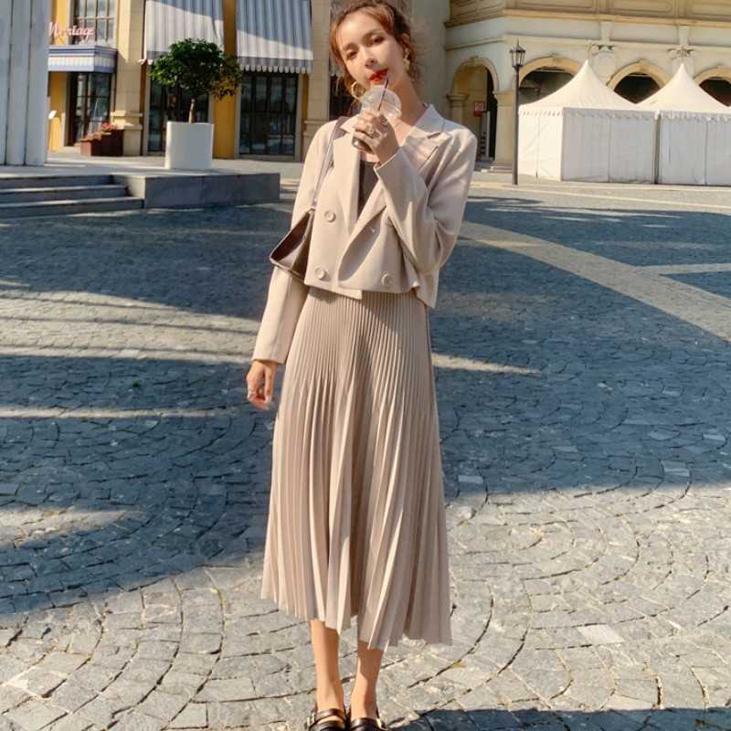 

Autumn Women's 2 Piece Sets Elegant Fashion Office Long Sleeve double-breasted Short Coat Outwear+Pleated Skirts Suit 210526, Photo color