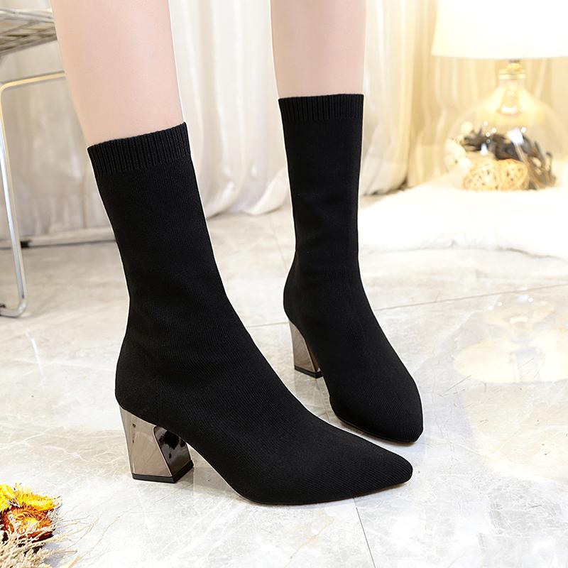 

Boots 2021 Fashion Ankle Women Shoes Elastic Sock Boot Chunky High Heels Stretch Sexy Booties Pointed Toe Plus 41 43, Black