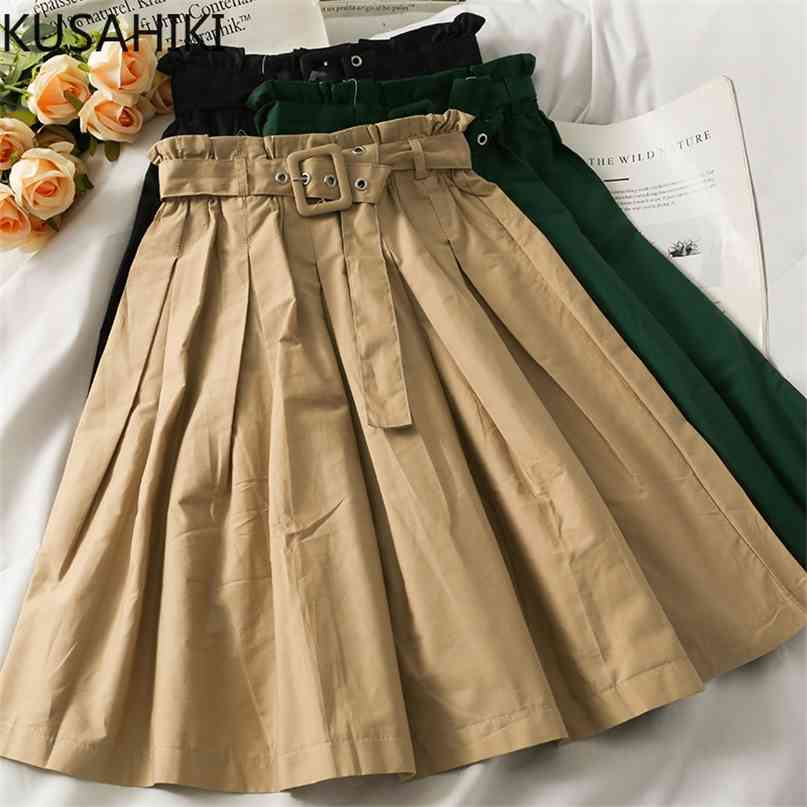 

Elegant Belt High Waist Woman Skirts Korean Causal Solid A-line Fashion Skirt Summer Faldas Mujer Moda 6J660 210603, Green