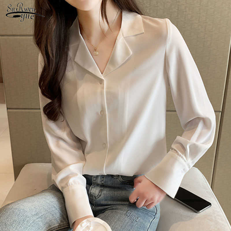 

Solid Woman Shirt White Chiffon Blouse Autumn Long Sleeve Loose Office Lady Clothes Notched Blusas Mujer with Black 10550 210527