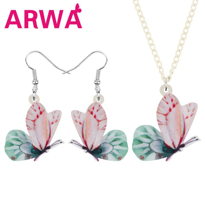 

Earrings & Necklace ARWA Acrylic Pink-green Butterfly Jewelry Sets Cute Animal Insect For Women Kids Girls Funny Gift Accessories, Silver