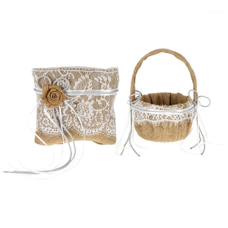 

Party Decoration Bridal Wedding Ceremony Pocket Ring Bearer Pillow With White Lace Cushion Flower Basket Elegant