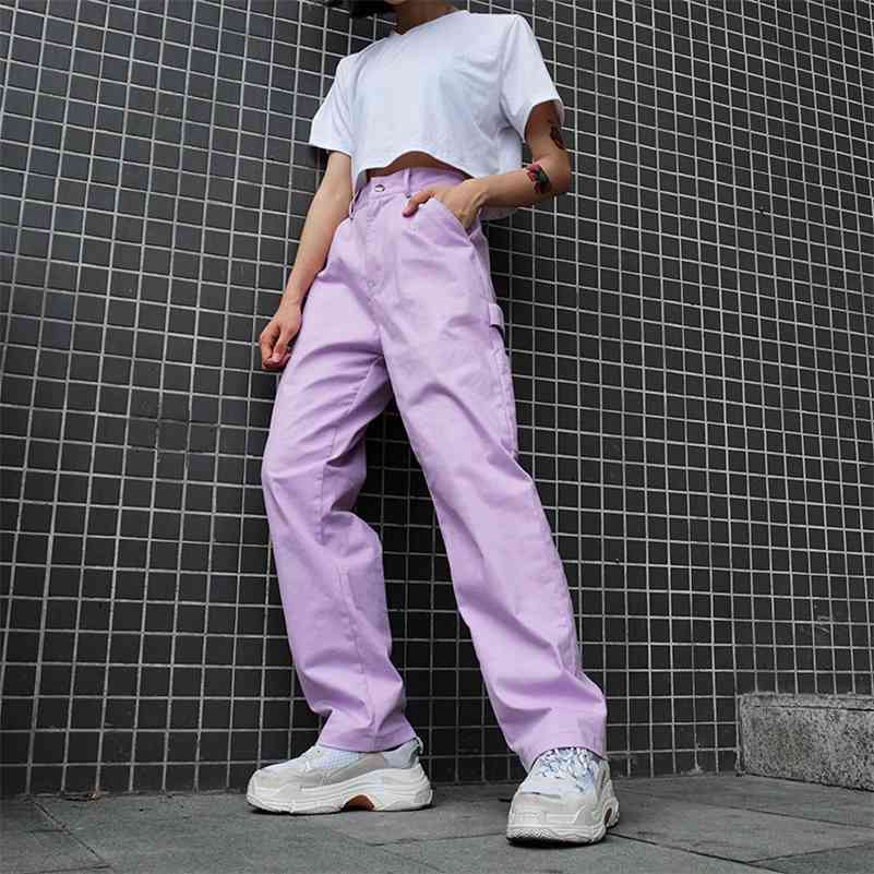 

80% Cotton Sashes Women' Pants Straight Leg High Waist Solid Purple Loose Female Long Pants Fashion Casual Ladies Bottoms 210518