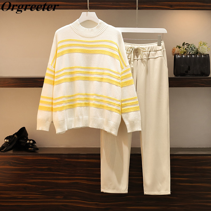 

Chic Sweater Woolen Pants Two piece set Women Half Turtleneck Loose Jacquard Stripe Knitted Tops and Trousers Suit 210525, Picture color